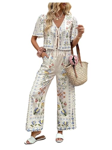 WDIRARA Women's Boho Floral 2 Piece Palazzo Pants Set Short Sleeve Tie Front Blouse Wide Leg Pants Vacation Outfits Apricot Medium