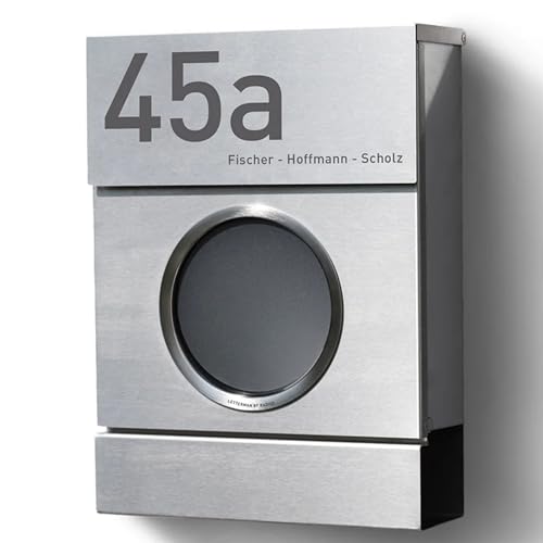 Radius Design Briefkasten Letterman MB mit Bullauge & Zeitungsfach - Wandbriefkasten aus Stahl - großer DIN-C4 Einwurf - 10 Jahre Funktions- & Korrosionsgarantie - 2 Schlüssel (Edelstahl)