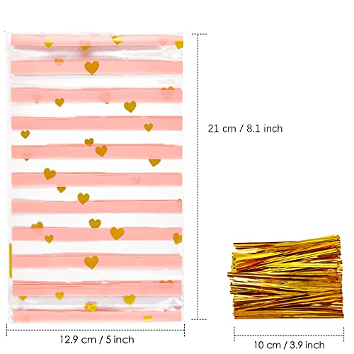 JOERSH 100 Pack 8.1" x 5" Bottom Gusset Clear Cellophane Treat Bags with Ties for Cookies Candy Popcorn Valentine's Day Party Favor Bags Gift Giving, Pink Stripes and Hearts Pattern (100)