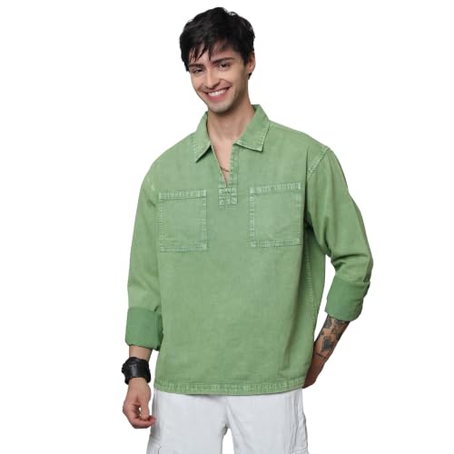 Image of Men's Denim Oversized Tshirt | Full Sleeve | Spread Collar | Casual Wear