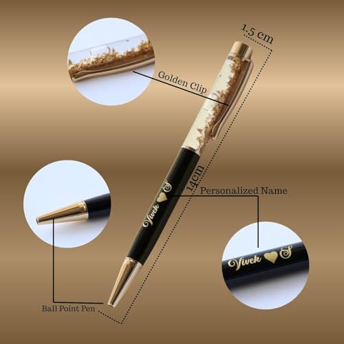 Image of Personalized Pen with Name Engraved I Metal Classy Customized Roller Ball Pens I Comfortable to Hold & Write I Gift for Men & Women Birthday Corporate Gifting (Gold Flake Pen)