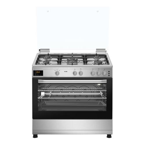 Svan Cocina Gas Butano 5 Zonas de Cocción, Horno 96 L, Inox SKGW5902X. Control Manual, Quemador WOK triple llama, 2 Programas de Cocción, Cristal en Puerta de Doble Capa, Tapa Abatible