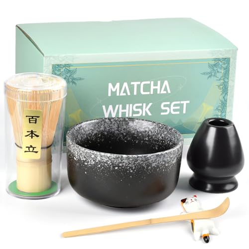 The Left Bridge Matcha Tea Set, Matcha Accessories, Matcha Whisk Set Included Matcha Bowl, Bamboo Matcha Whisk, Scoop, Matcha Whisk Holder, Spoon Stand, Japanese Matcha Set for Beginners, Black