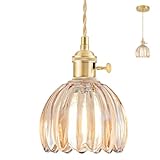 NETHCUEL Mini-Hängelampe für Kücheninsel, Kleine Verstellbare Hängeleuchte mit Bernsteinfarbenem Tulpenglas-Lampenschirm, Vintage-Gold-Hängelampe Wohnzimmer, Leuchtmittel Nicht Enthalten