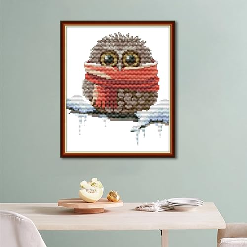 Maydear Cross Stitch Kits Stamped Full Range of Embroidery Starter Kits for Beginners DIY 11CT 3 Strands - Owl with a Scarf 9.4×11(inch)