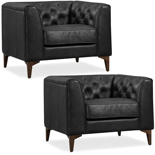 Image of POLY & BARK Essex 40 inch Lounge Chairs Set of 2 - Onyx Black Semi-Aniline Italian Leather, Tufted Back & Arms, Feather-Down Cushioning, Walnut Wood Legs