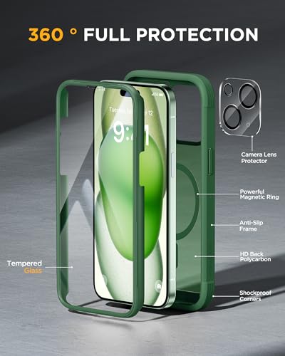 Image of Miracase Glass Series for iPhone 15 Case [Compatible with MagSafe] Full-Body Magnetic Case with Built-in 9H Tempered Glass Anti-Fingerprint Screen Protector + Camera Lens Protector, Matte Green