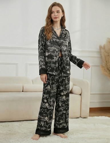 Image of Arssm Satin Pajama Set for Women Silk Pajamas Set 2 Piece Floral Pj Set Long Sleeve Button Down Pjs Sleepwear