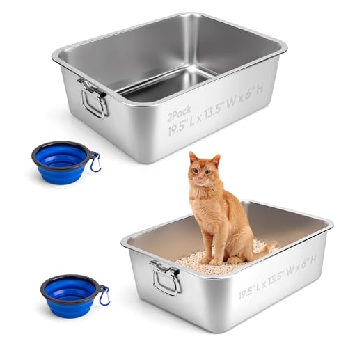 2 Pack Stainless Steel Litter Box with Handle for Cat and Rabbit, 19.5" L x 13.5" W x 6" H, Odor Control Litter Pan, Fold-able Feeding Plate, Non Stick Smooth Surface 19.5" L x 13.5" W x 6" 