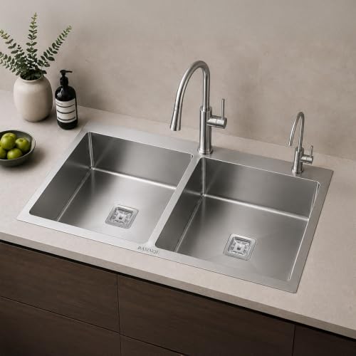 Image of Kitchen Sink 37x18x10 Inch Double Bowl Tap Hole 304 Stainless Steel Handmade Sink for Kitchen Basin Brushed Matte Finish Including Coupling Fruit Tray Hose Pipe Kitchen Sinks