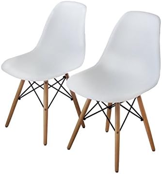 Bushman Eames Style Side Chairs Mid Century Dining Room Modern Lounge Chair No Arm Arms Armless Wooden Legs Wire Metal Eiffel Dowel Base Molded Plastic Seating, White, Set of 2