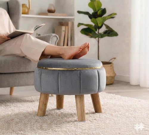 Image of Velvet Upholstered Round Ottoman Footstool | Anti-Slip Feet | Multipurpose Footrest, Step Stool & Vanity Seating & Decor | 40 x 30 cm (16 x 12 Inch) | Grey
