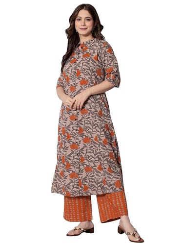 Image of rytras Women Cotton Printed A-Line Kurta with Palazzo Pant Set