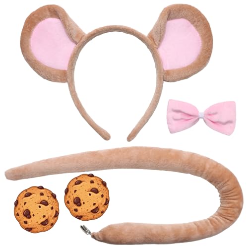 Feacole Mouse Ears Headband and Slender Mouse Tail Set Rat Costume Accessories for Halloween Book Character Dress Up Day (Brown)