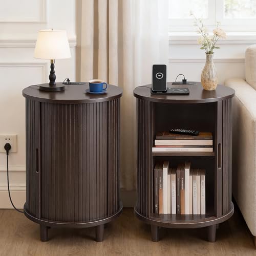 Image of DHH End Table Set of 2 with Storage & Charging Station, Fluted Accent Side Table with Sliding Door & Adjustable Shelf, Mid-Century Nightstand for Small Spaces, Living Room, Bedroom(2, Dark Walnut)