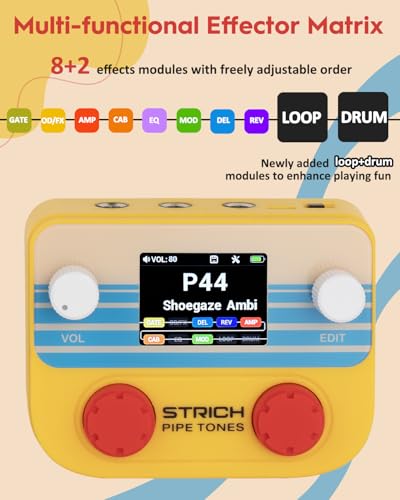 Image of STRICH Pipe Tones Pocket Multi-Effects Processor for Guitar and Bass with 10 Effect Modules 125 Effects 40s Looper 100 Drum Patterns USB Audio Interface Wireless Control (Orange)