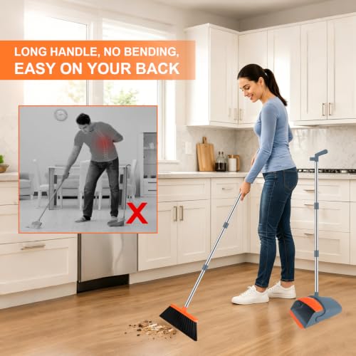 Image of Broom with Dustpan Set & Mini Hand Brush Set, 51 inch Long Handle Upright Cleaning Combo with Self-Cleaning Teeth for Home Kitchen Pet Hair