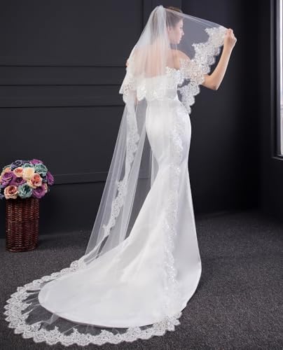 EllieHouse Chapel Length 2 Tier Sequin Lace Wedding Bridal Veil For Bride White