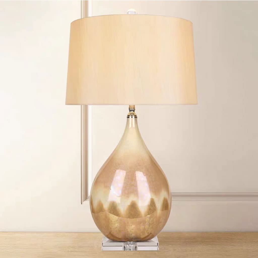 Lámpara de Noche Lámpara de escritorio de cerámica vidriada con perlas, lámpara de mesita de noche creativa con gota de agua, pantalla de tela hecha a mano, Base de cristal, luz de escritorio moderna