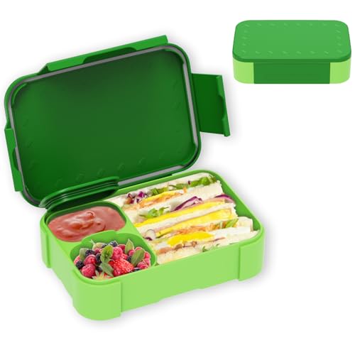 XJIANFU Brotdose Kinder mit Fächern,900ml Auslaufsichere Bento-Box, Kinder-Lunchbox,Auslaufsicher Fächern,Jausenbox Brotbox für,Mädchen & Jungen,Mikrowelle/spülmaschinenfest (Green)