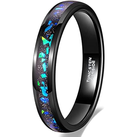 TRUMIUM 4mm 6mm Wedding Rings for Men Women Tungsten Carbide Galaxy Opal and Sandblast Inlay Multi-Colored Mens Wedding Band Beveled Edges Comfort Fit Size 5-13, Tungsten, Opal Cover