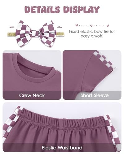 Image of SANMIO Toddler Girl Clothes Summer 3 Piece Outfits Cute | Short Sleeves Checkered Tops Shorts and Headband Girls Clothing Set