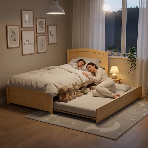 Image of Xilingol Trundle Bed Twin, Solid Wood Bed Frames with Headboard and Wooden Slats Support, Twin Trundle Bed Frame Roll Out, Single Box (No Box Spring Needed)