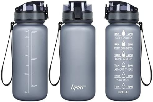 UPIRT 18 Oz Water Bottles, Motivational Water Bottle with Time Marker, Leak Proof Tritan Sport Bottle with Fruit Strainer, Water Jug with Carrying Strap for Fitness Gym and Outdoors (Gray)