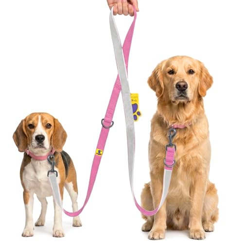 Image of A+a Pets' Multi-Function Cotton Leash to Walk 2 Dogs | Long, Short, Hands Free, Traffic, Running, Walking | Adjustable, Soft Comfortable (Pink & White)