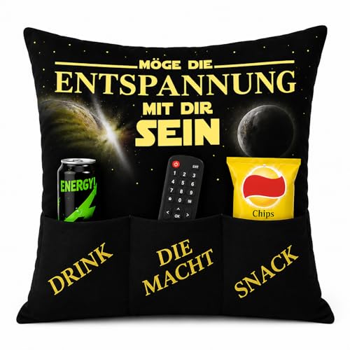 KAMACA Entspannungskissen mit Spruch und Taschen für Snacks - lustiges Geschenk für Mann und Frau...