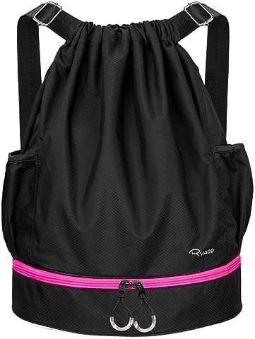 RYACO Drawstring Backpack Sports Gym Bag, Water Resistant String Sackpack Large Size with Zipper and Water Bottle Mesh Pockets for Gym Shopping Sport Yoga School Swimming Beach