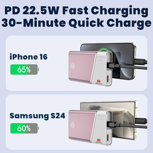Image of Aaoyun Portable Charger Power Bank, 20000mAh 22.5W PD Fast Charging Powerbank with Built-in USB C Cable, External Phone Battery Pack for iPhone 17 /16 /15 Samsung S24 Android etc, Pink