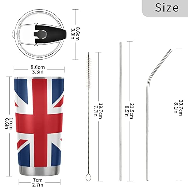 ALAZA England British Flag Union Jack Insulated Travel Tumbler Mug with Lid & Straw Double Wall Vacuum Water Bottle Car Cup Stainless Steel, Hot and Cold, 20oz