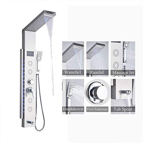 Columna de Ducha LED con Panel de Acero Inoxidable, Sistema de Ducha con Pantalla de Temperatura, Cabezal Lluvia y Duchador de Mano miniatura 6