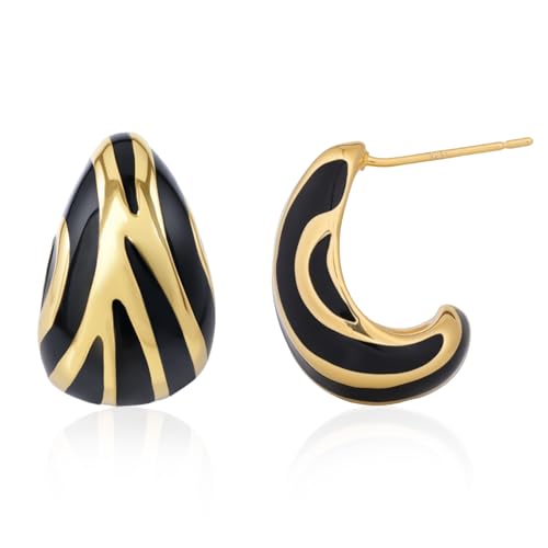 Chunky Gold Teardrop Stud Earrings for Women Black and Gold Statement Hoop Earrings