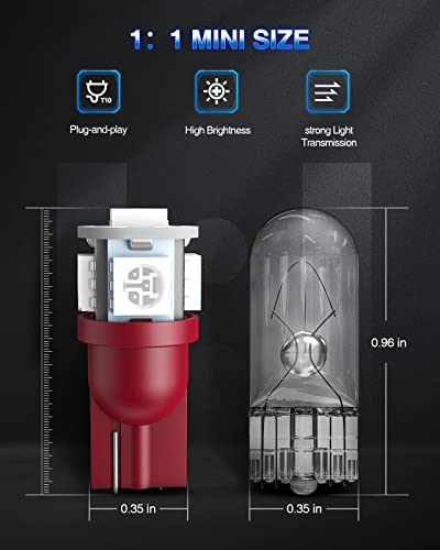 Image of Marsauto 194 LED Bulb Brilliant Red 168 T10 2825 5SMD No Polarity Replacement Bulbs for Car Dome Map Door Courtesy License Plate Dashboard Lights (Pack of 10)
