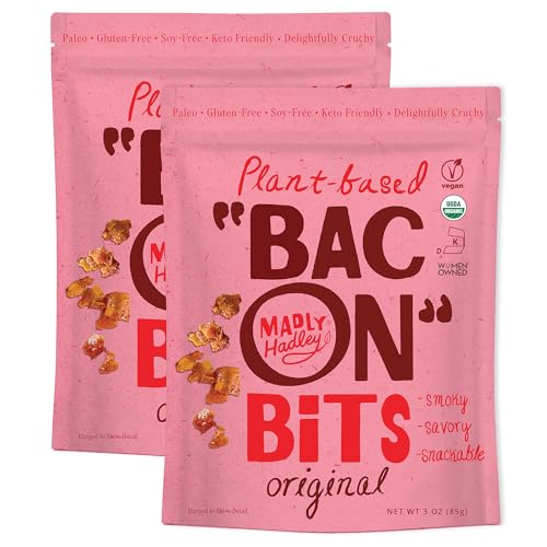 Madly Hadley Plant‑Based Bacon Bits, 2 packs - 6oz | Organic Coconut Vegan Bacon Snack | Topping for Salads, Pasta & Pizza | Gluten & Soy Free, Non-GMO, Vegetarian - Original Flavor