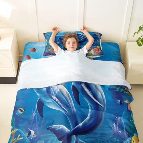 Image of jejeloiu Dolphin Bed Sheets Set Twin Size Cute Ocean Animal Bed Set Jumping Dolphins Deep Pocket Fitted Sheet Blue Ocean Marine Themed Breathable Soft Lightweight Microfiber
