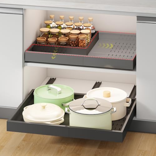 Pull out Cabinet Organizer,Width (14'-21') and Depth (17'-24') Expandable With 3 Rails,No Drill Adjustable Slide out Drawers for Kitchen,Pantry,Adhesive Roll out Shelves,for Cabinets Without Lip,Black