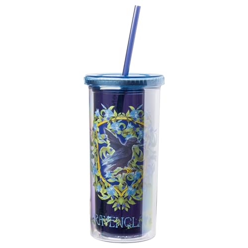Silver Buffalo Harry Potter Ravenclaw Floral Crest Plastic Tall Cold Cup with Lid and Straw, 20 Ounces