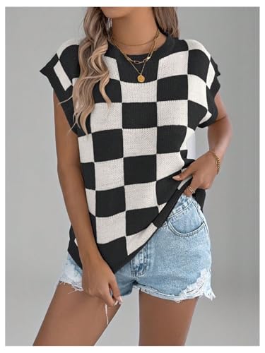 WDIRARA Women's Plaid Checkered Sweater Vest Crew Neck Sleeveless Knit Tops3