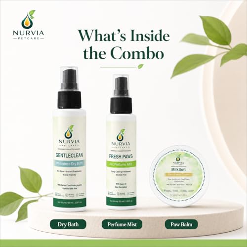 Image of Waterless Dog Grooming Kit by Nurvia Petcare | Dry Bath Spray + Perfume Mist + Paw Balm | Lemon Eucalyptus Aloe Vera Goat Milk | No Water No Rinse Travel-Friendly 3-in-1 | 100ml +100 ml + 15gm