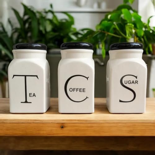 Image of Ceramic Tea Coffee Sugar Container Set of 3 for Kitchen Storage 500 ml | Airtight Ceramic Canisters with Lid | Modern Storage Jars for Tea Coffee Sugar | Food Storage Containers | White & Black Lid
