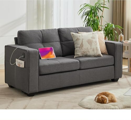 TYBOATLE 65' Small Couches for Bedroom, Mid-Century Modern Tufted Comfy Loveseat w/USB Charging Ports and Wide Arms, 2 Seater Office Small Sofa for Dorm, Apartment, Grey