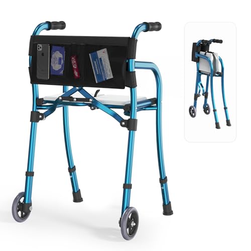 Walkers for Seniors with Seat, Lightweight Folding Space Saver Mobility Rolling Walker,Height Adjustable Standard Walker with Aluminum Frame, 5-inch Wheels, Compact Travel Walker (Blue)