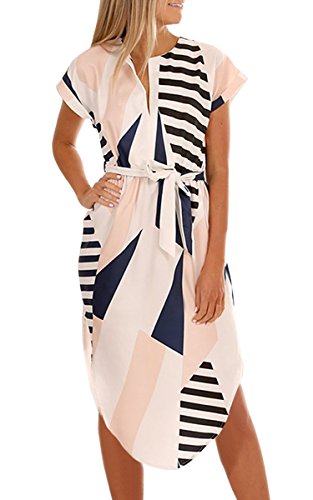 Ecowish Robe d'été à manches courtes pour femme Col en V Plage Fleurs Robe de soirée Longueur genoux - Beige - Small Cover