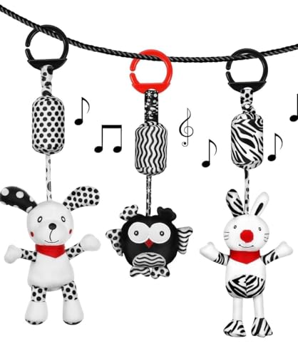 Image of Baby Toy Cartoon Animal Stuffed Hanging Rattle Toys, Baby Bed Crib Car Seat Travel Stroller Soft Plush Toys with Wind Chimes, Birthday Gift for Newborn 0-18 Month (Pack of 3)