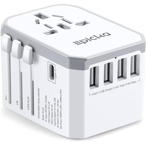 EPICKA Universal Travel Adapter, European Travel Plug Adapter – International Power Adapter Worldwide Charger with USB-C & 4 USB-A Ports, Travel Essentials for Italy, Japan, Europe, UK (TA-105, White)