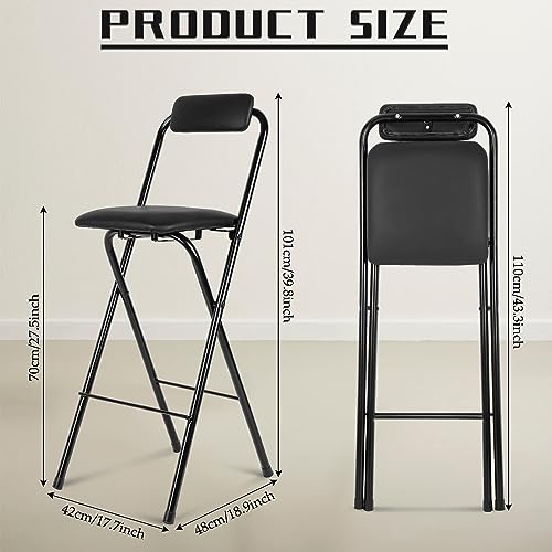 Image of Thyle 2 Pcs Folding Bar Stool with Backrest, Tall Foldable Stool Chair Portable High Folding Bar Chair Counter Height Seat Leather Padded for Kitchen Island Shop Cafe Dining Room Black (27.5 Inch)