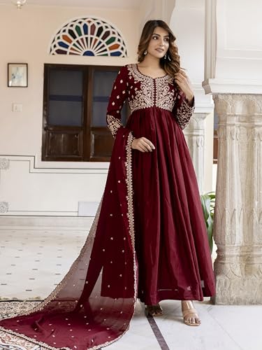 Image of TRENDMALLS Women's Silk Blend Embroidery Sequence Work Anarkali Kurta Pant Set with Dupatta For Women